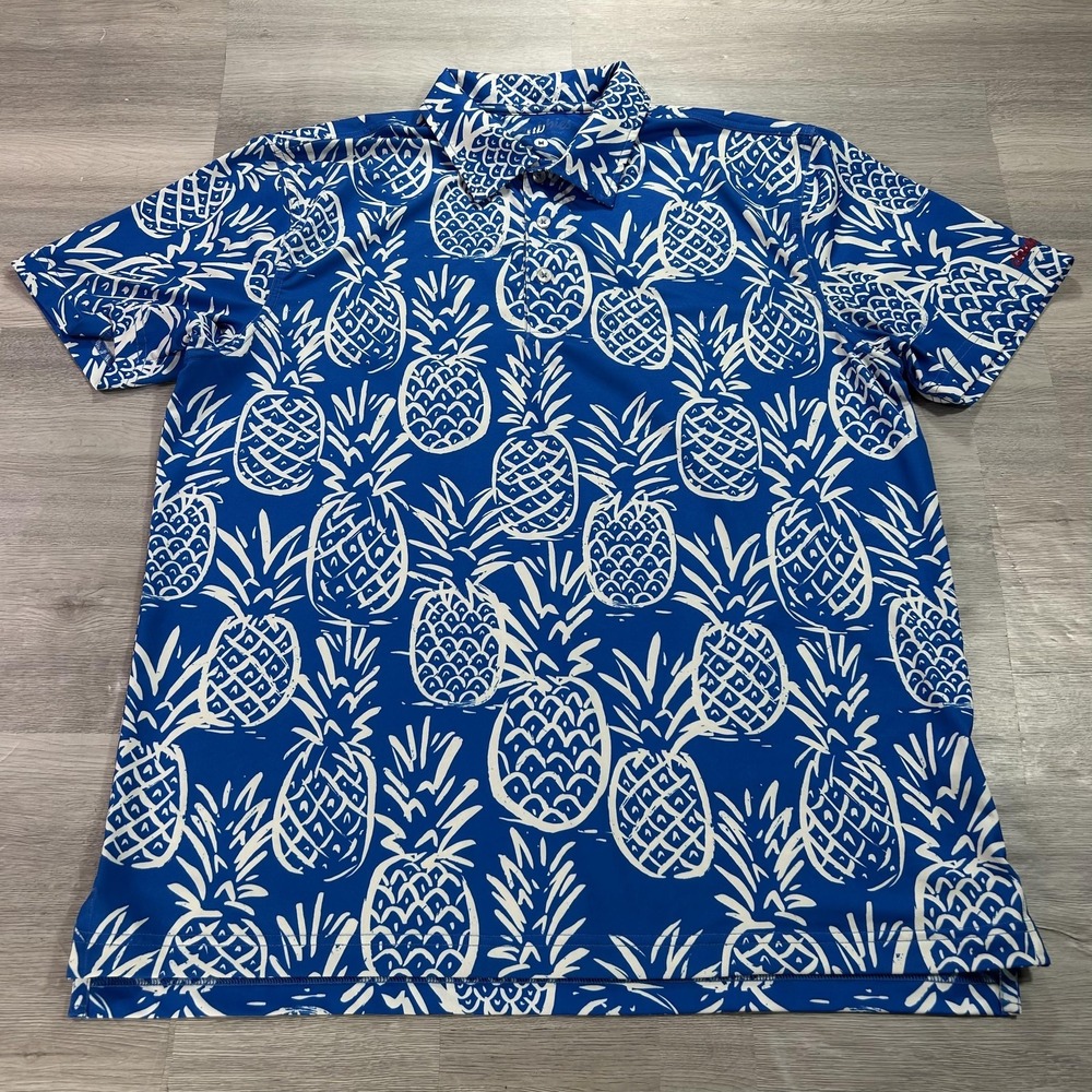 Chubbies Polo Shirt Mens Medium Blue Pineapple Print Stretch Tropical Casual
